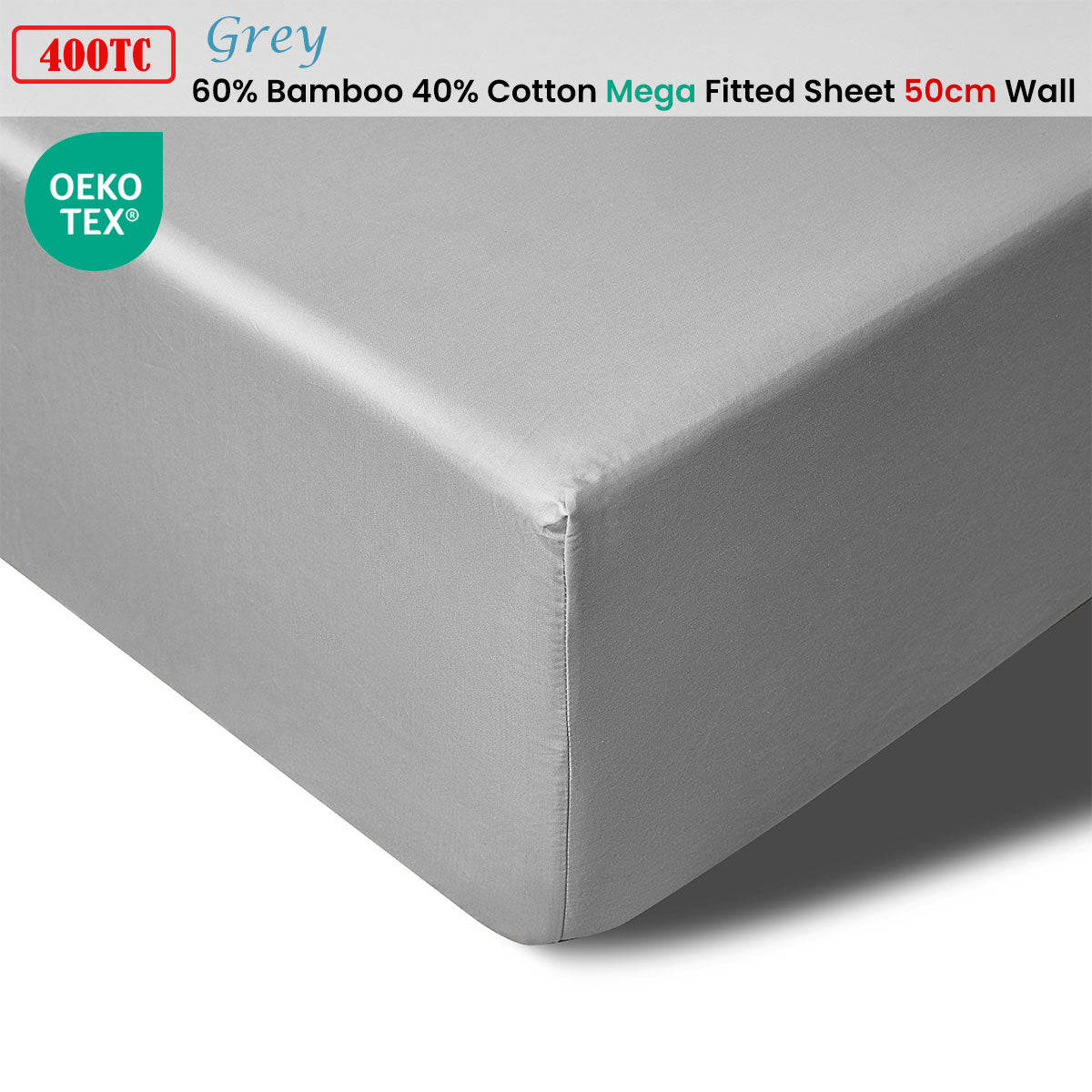 Accessorize 400TC Grey Bamboo Cotton Mega / Super Fitted Sheet 50cm Wall King V442-HIN-FITTEDS-BAMBOOCOTTON50CM-GREY-KI