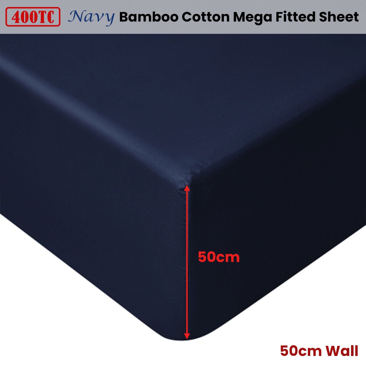Accessorize Navy Bamboo Cotton Mega Fitted Sheet 50cm Wall King V442-HIN-FITTEDS-BAMBOOCOTTON50CM-NAVY-KI