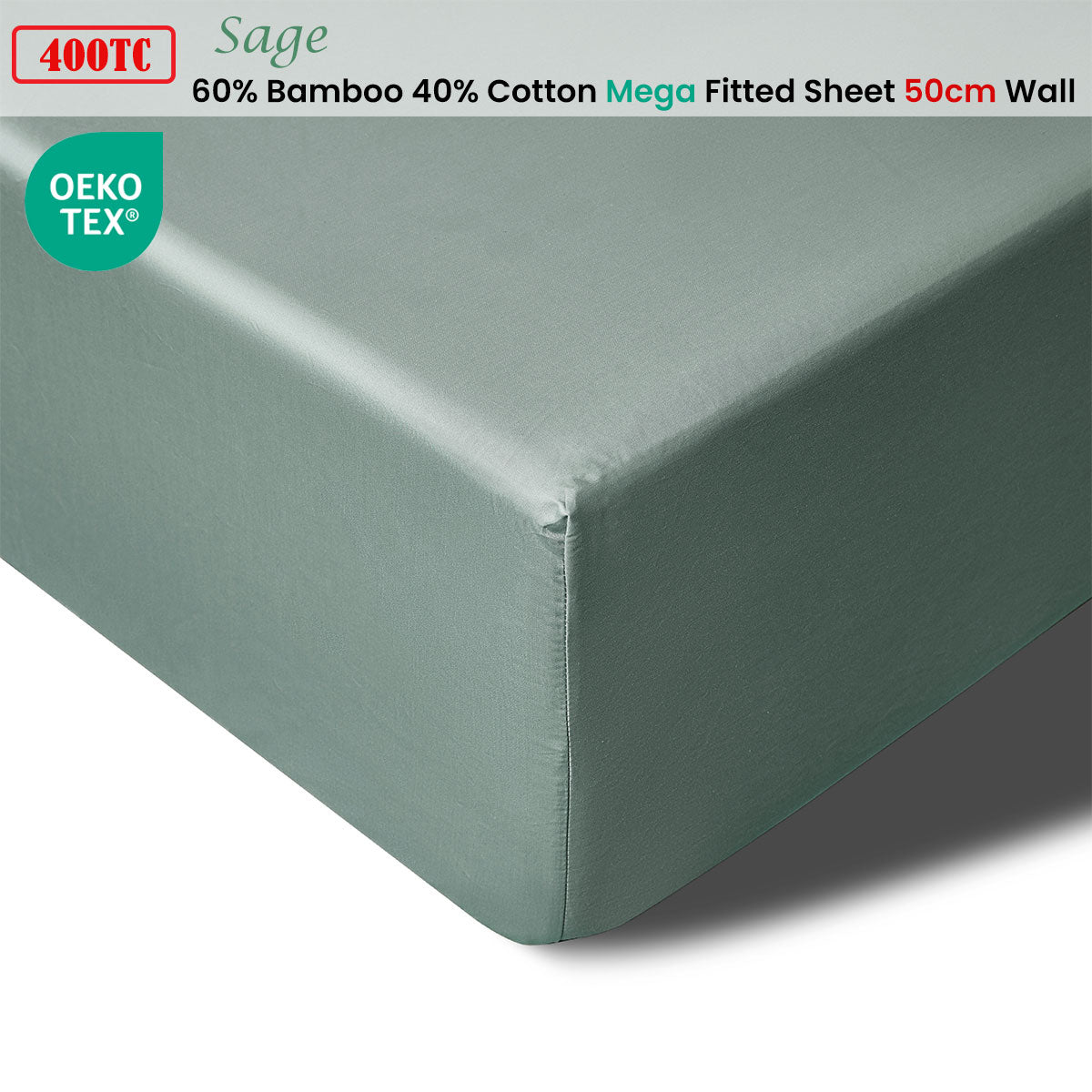 Accessorize 400TC Sage Bamboo Cotton Mega / Super Fitted Sheet 50cm Wall King V442-HIN-FITTEDS-BAMBOOCOTTON50CM-SAGE-KI