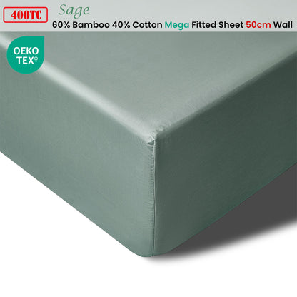 Accessorize 400TC Sage Bamboo Cotton Mega / Super Fitted Sheet 50cm Wall King V442-HIN-FITTEDS-BAMBOOCOTTON50CM-SAGE-KI