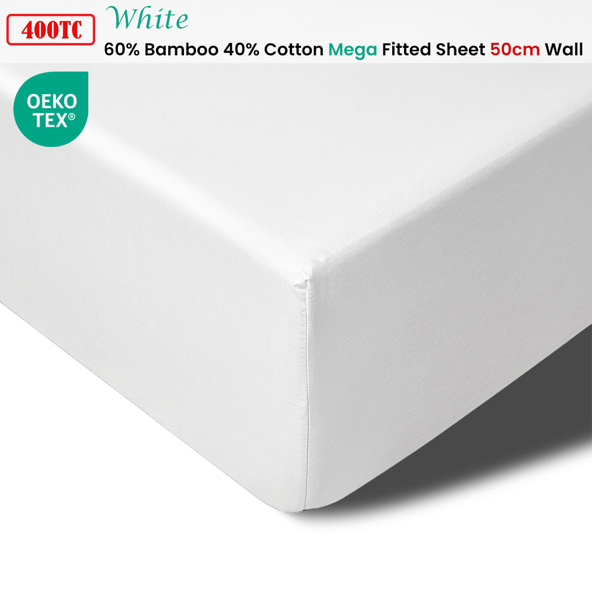 Accessorize 400TC White Bamboo Cotton Mega / Super Fitted Sheet 50cm Wall Queen V442-HIN-FITTEDS-BAMBOOCOTTON50CM-WHITE-QS