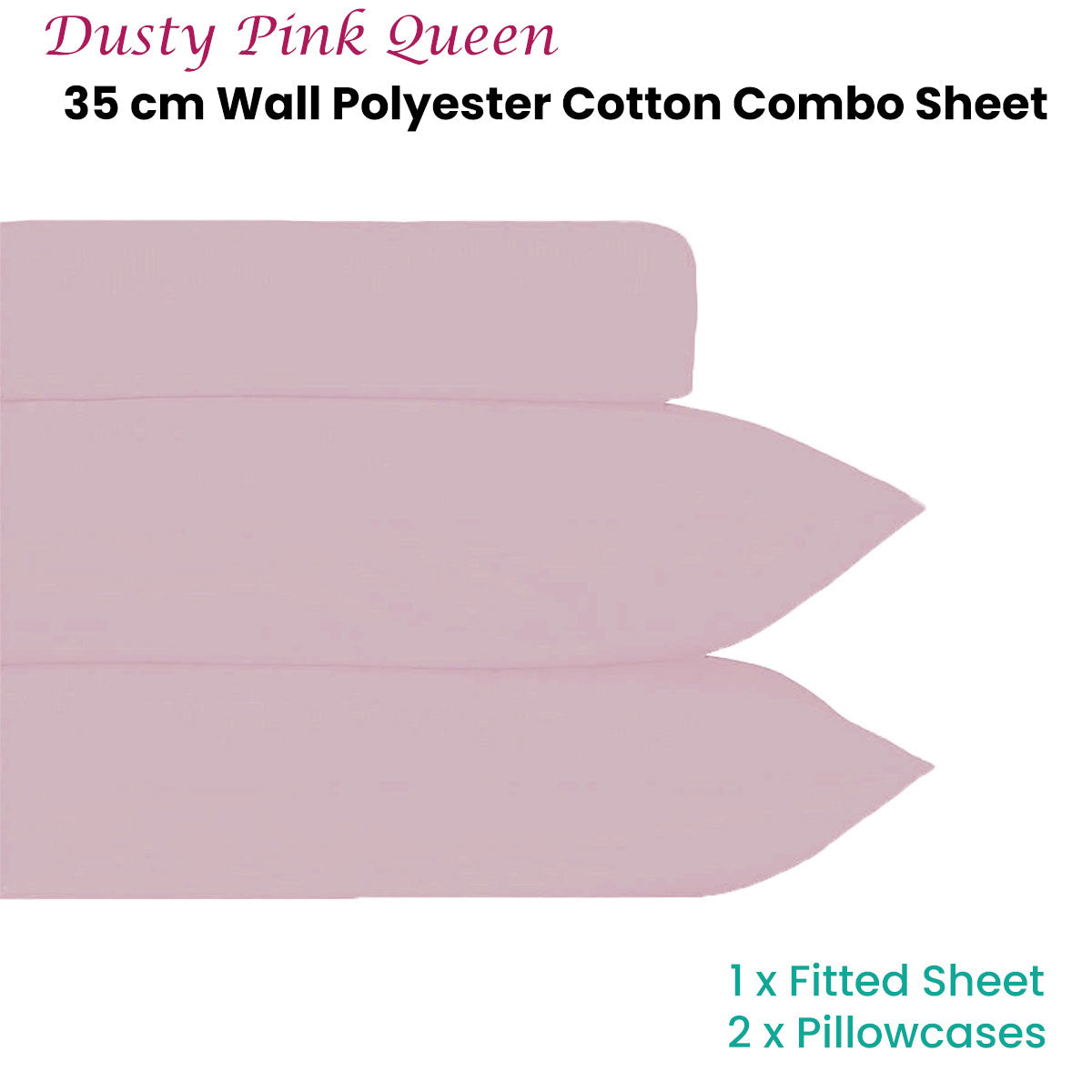 Plain Dyed Polyester Cotton Combo Set Dusty Pink Queen V442-HIN-FITTEDSS-POLYCOTTON-DUSTYPINK-QS