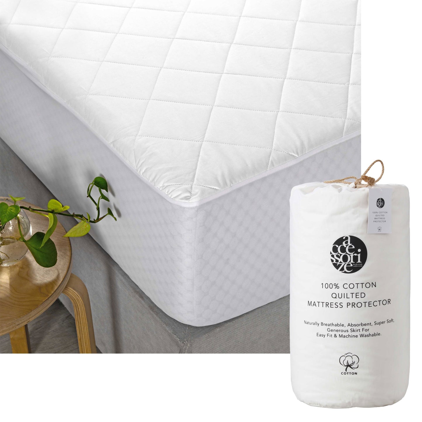 Accessorize Cotton Quilted Mattress Protector King Single V442-HIN-MATTRESSP-COTTONQUILTED-WHITE-KS