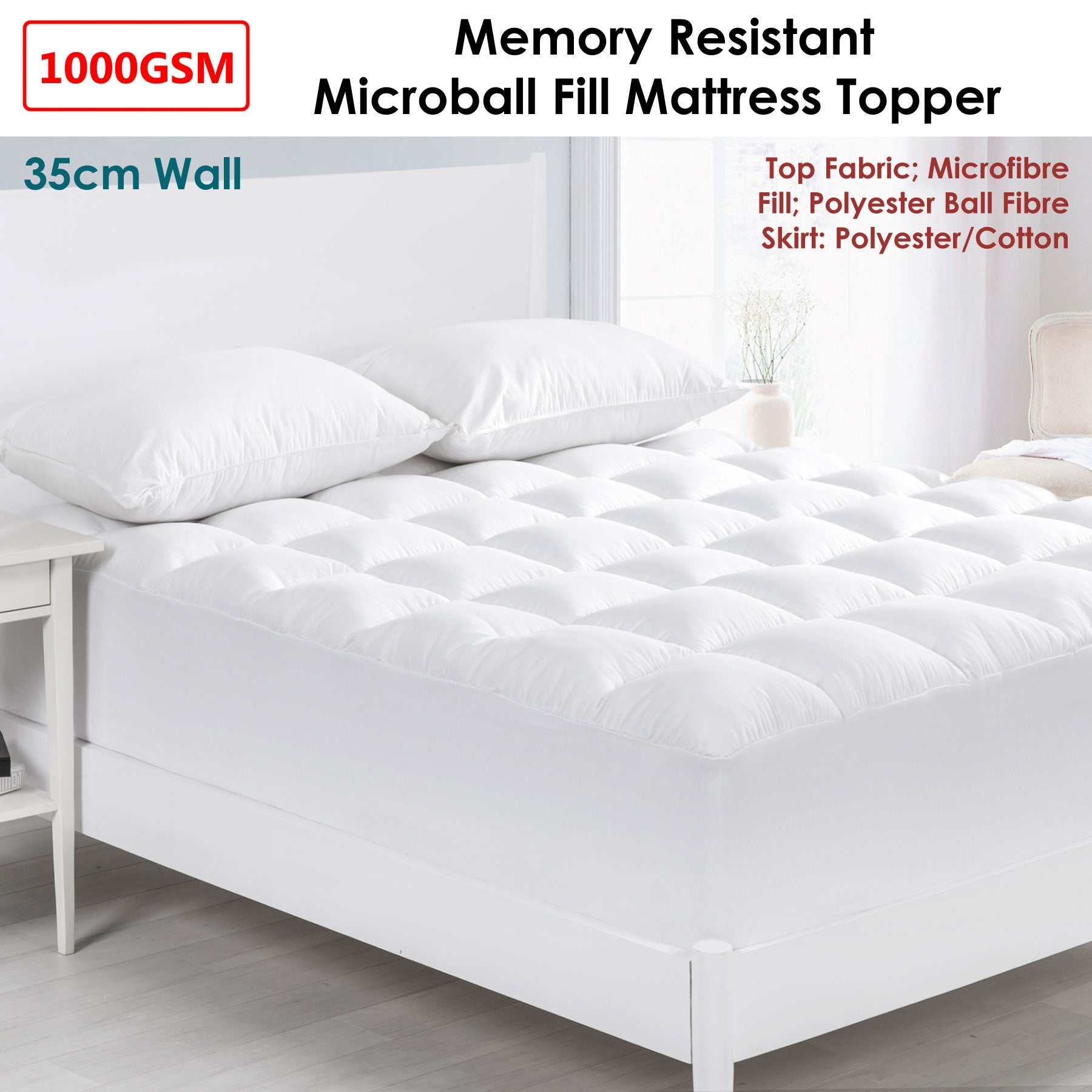 Cloudland 1000GSM Memory Resistant Microball Fill Mattress Topper King Single V442-HIN-MATTRESST-1000GSMMICROBALL-WHITE-KS