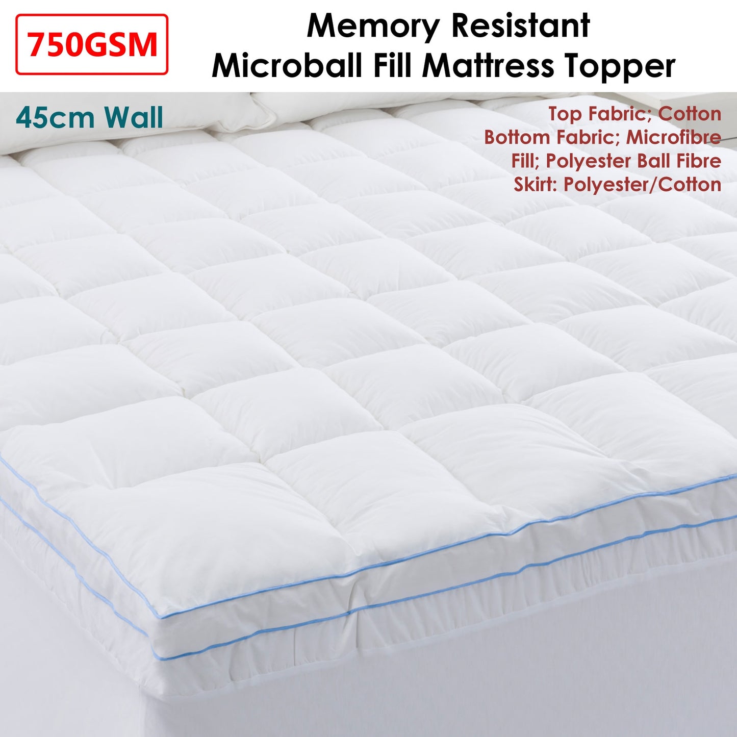 Cloudland 750GSM Memory Resistant Microball Fill Mattress Topper Queen V442-HIN-MATTRESST-750GSMMICROBALL-WHITE-QS