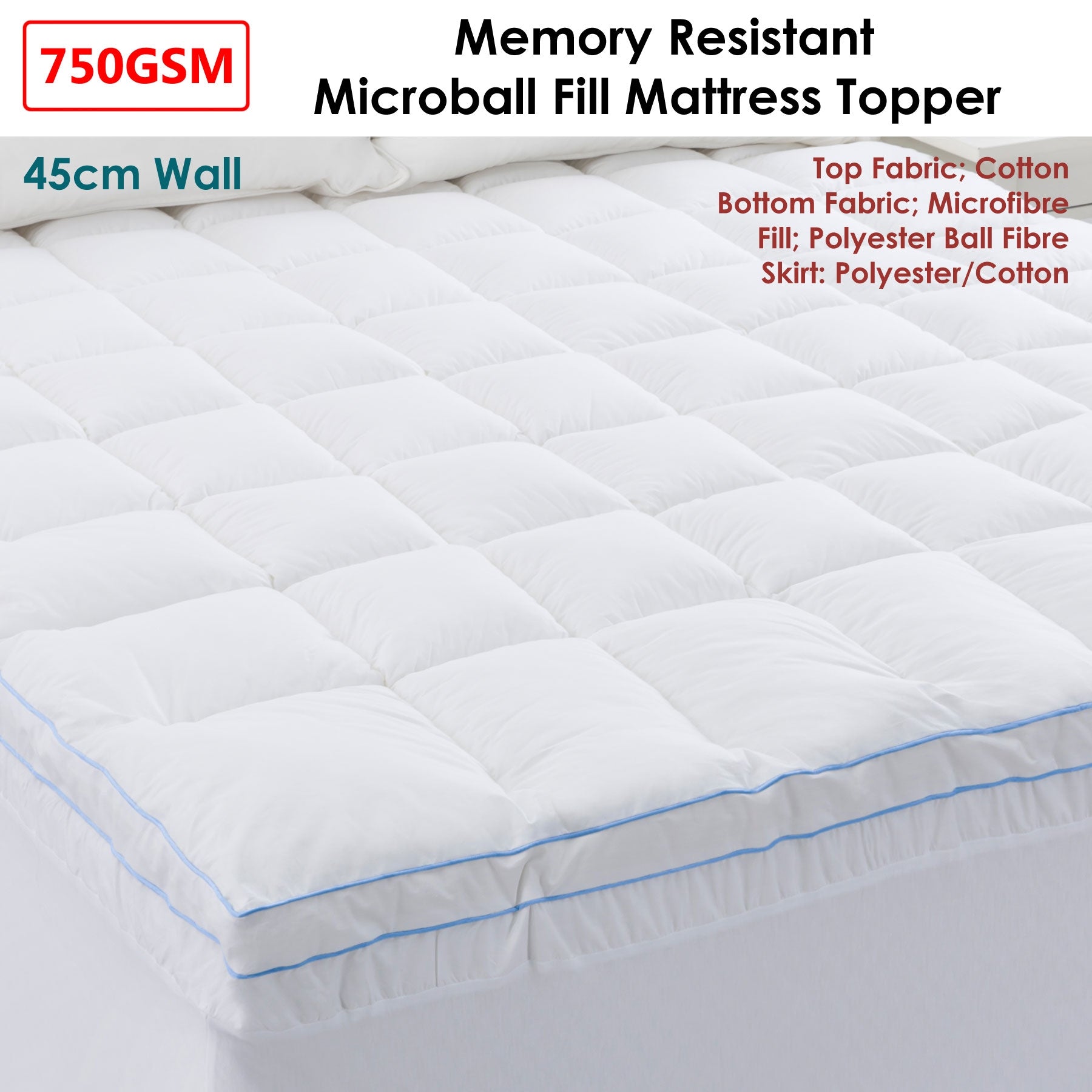 Cloudland 750GSM Memory Resistant Microball Fill Mattress Topper Queen V442-HIN-MATTRESST-750GSMMICROBALL-WHITE-QS