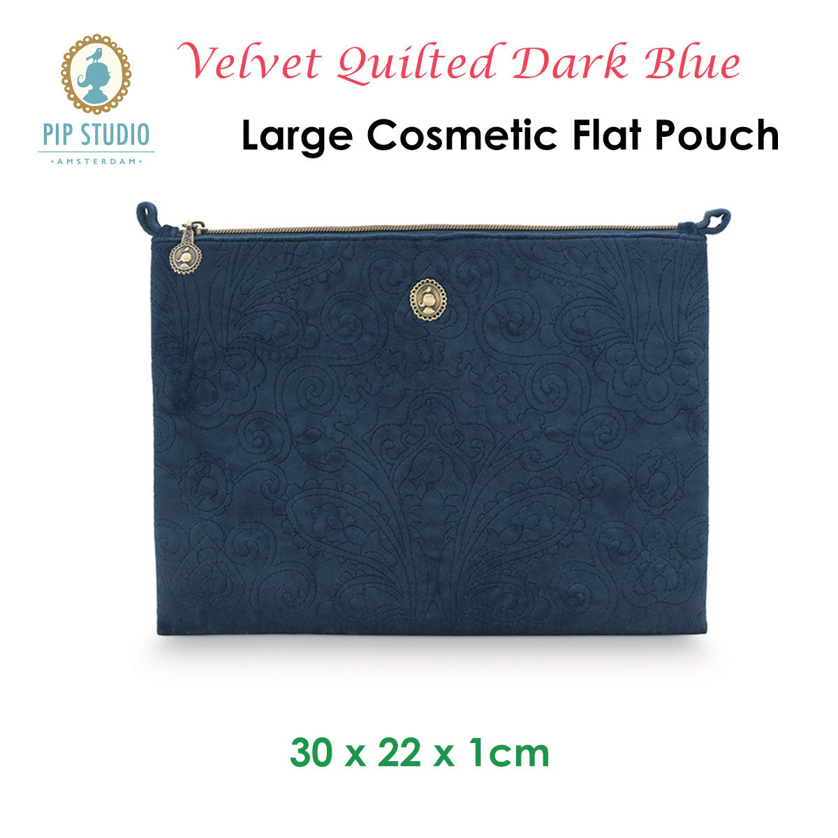 PIP Studio Velvet Quilted Dark Blue Large Cosmetic Flat Pouch V442-HIN-MISC-FLATPOUCHQUILTEDL-BLUE-SH