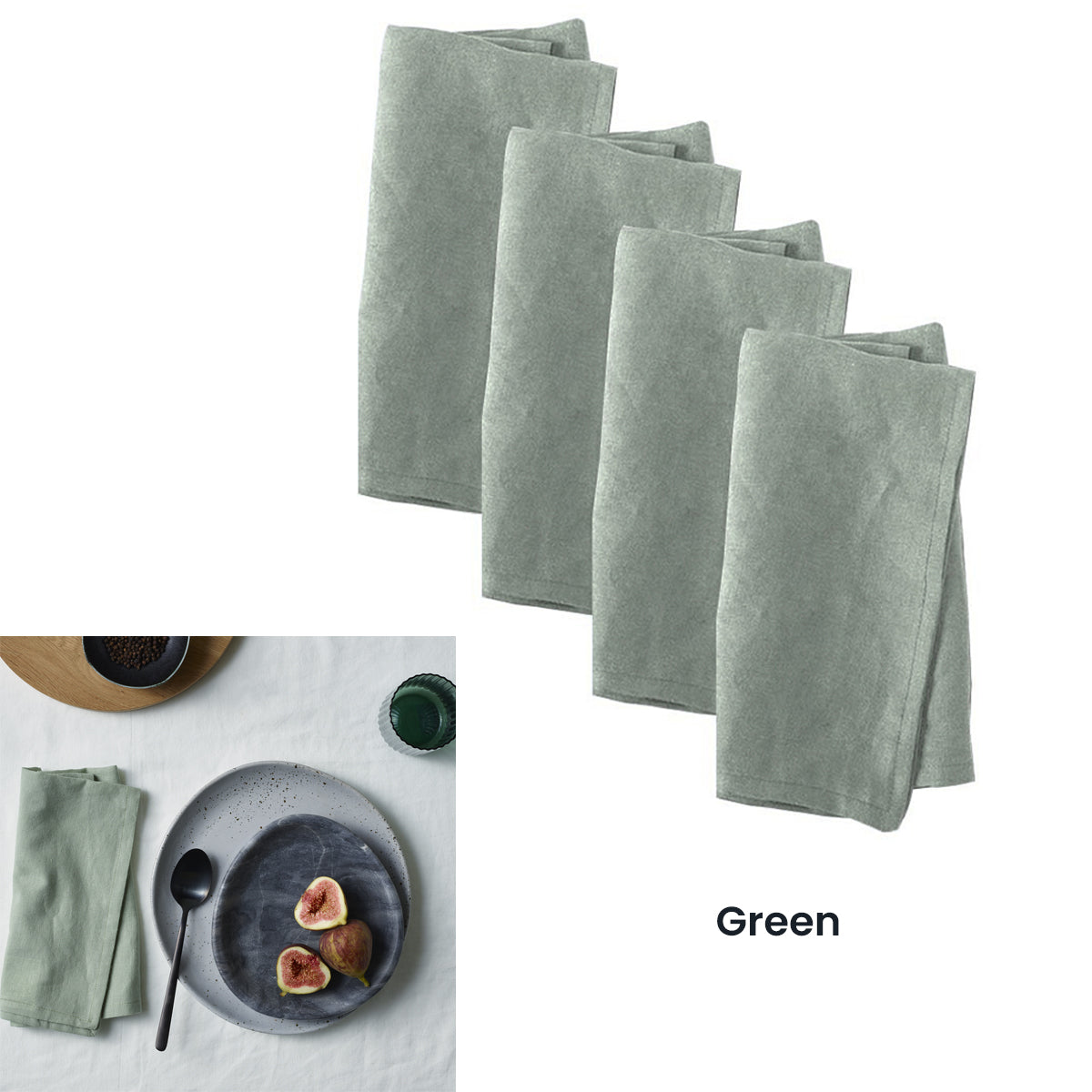 Vintage Design Homewares Set of 4 Washed Linen Cotton Square Napkins Green 50cm x 50cm V442-HIN-MISC-SETOF4LCOTTONNAPKINS-GREEN-SQ