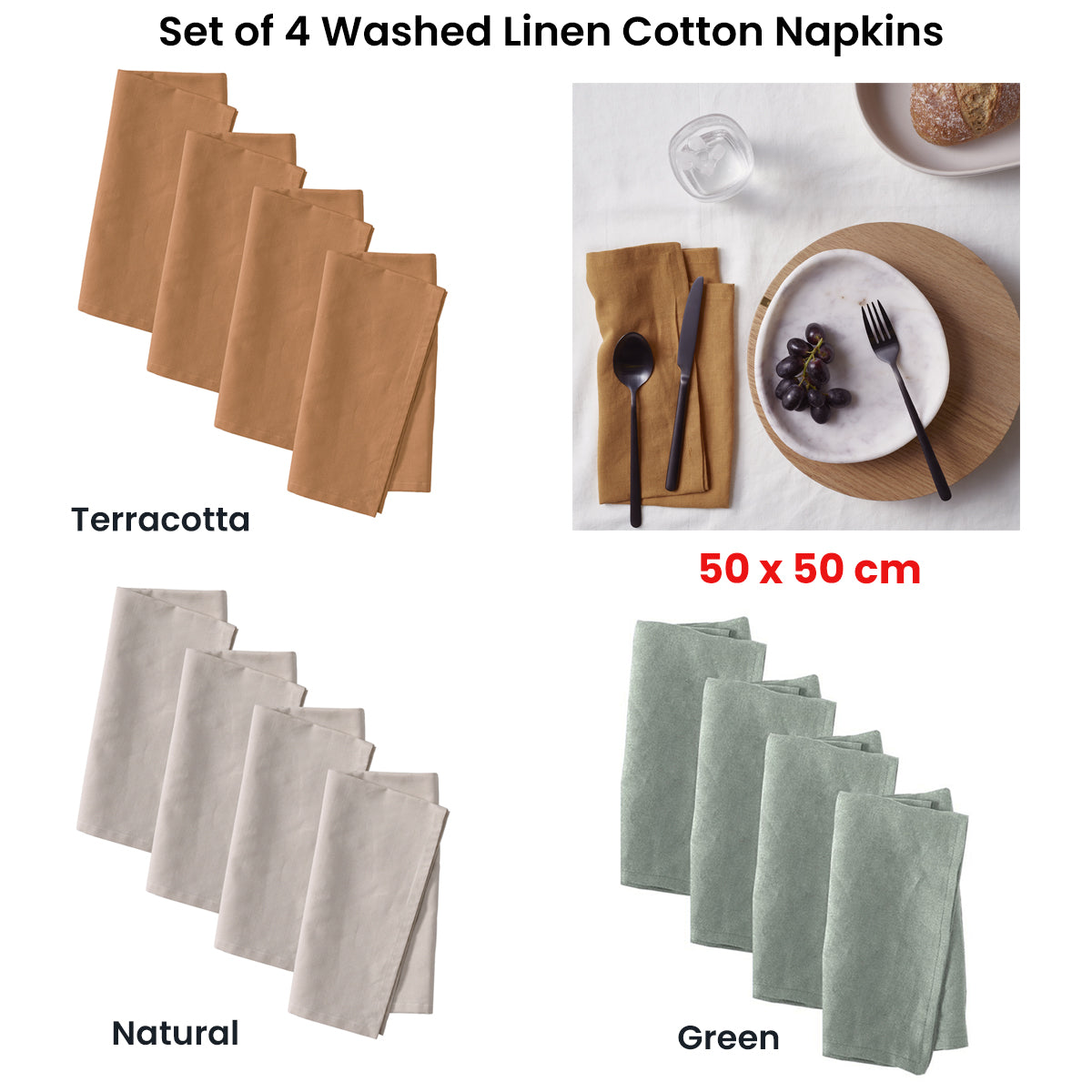 Vintage Design Homewares Set of 4 Washed Linen Cotton Square Napkins Natural 50cm x 50cm V442-HIN-MISC-SETOF4LCOTTONNAPKINS-NATURAL-SQ
