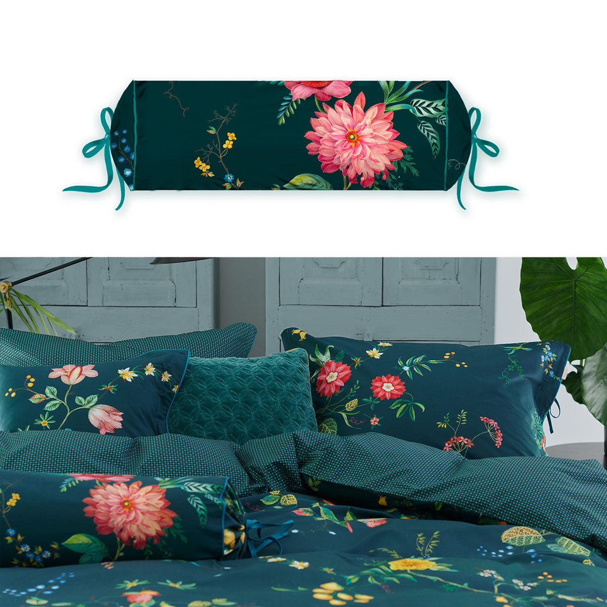 PIP Studio Fleur Grandeur Dark Blue Neck Roll Cushion V442-HIN-NECKROLL-FLEURGRANDEUR-DARKBLUE-NK