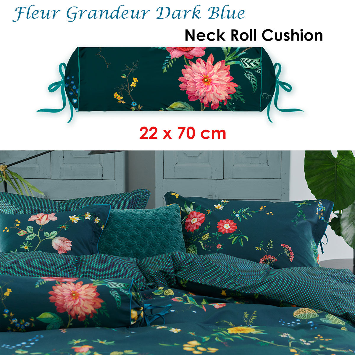 PIP Studio Fleur Grandeur Dark Blue Neck Roll Cushion V442-HIN-NECKROLL-FLEURGRANDEUR-DARKBLUE-NK