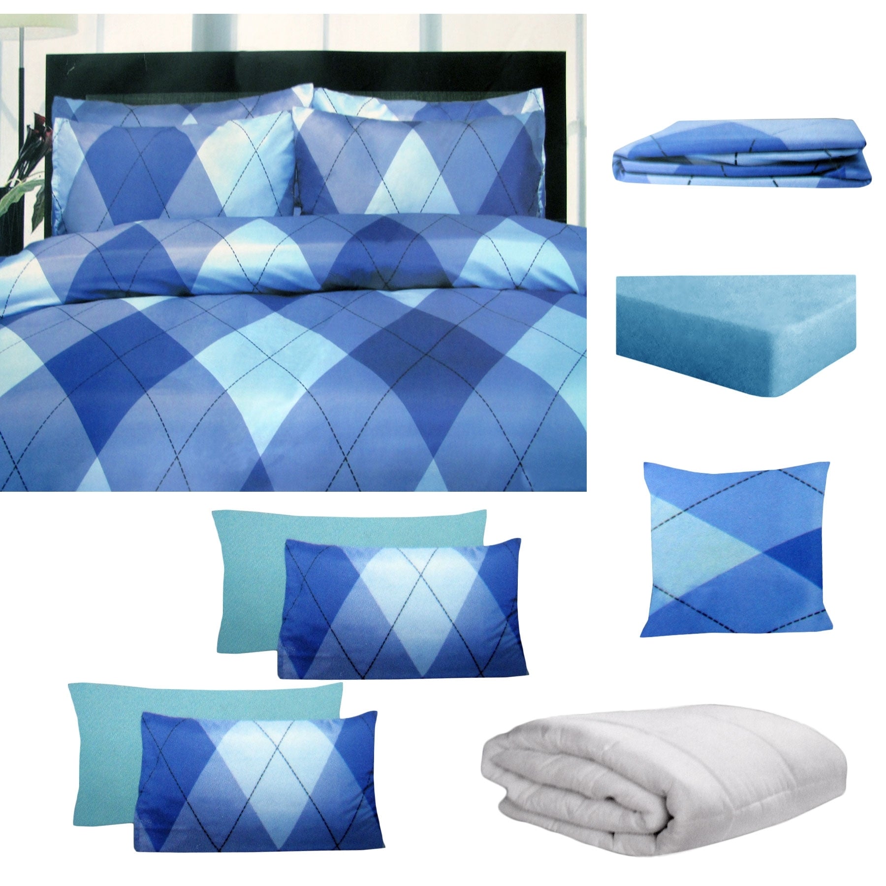 Big Sleep 8 Pce Bed in a Bag Set Argyles Blue King V442-HIN-QUILTCS-8PCEARGYLES-BLUE-KI
