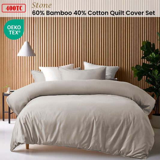 Accessorize Stone 400TC Stone Bamboo Cotton Double Stitched Quilt Cover Set Double V442-HIN-QUILTCS-BAMBOOCOTTON-STONE-DS