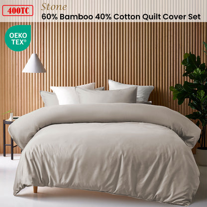 Accessorize Stone 400TC Stone Bamboo Cotton Double Stitched Quilt Cover Set King V442-HIN-QUILTCS-BAMBOOCOTTON-STONE-KI