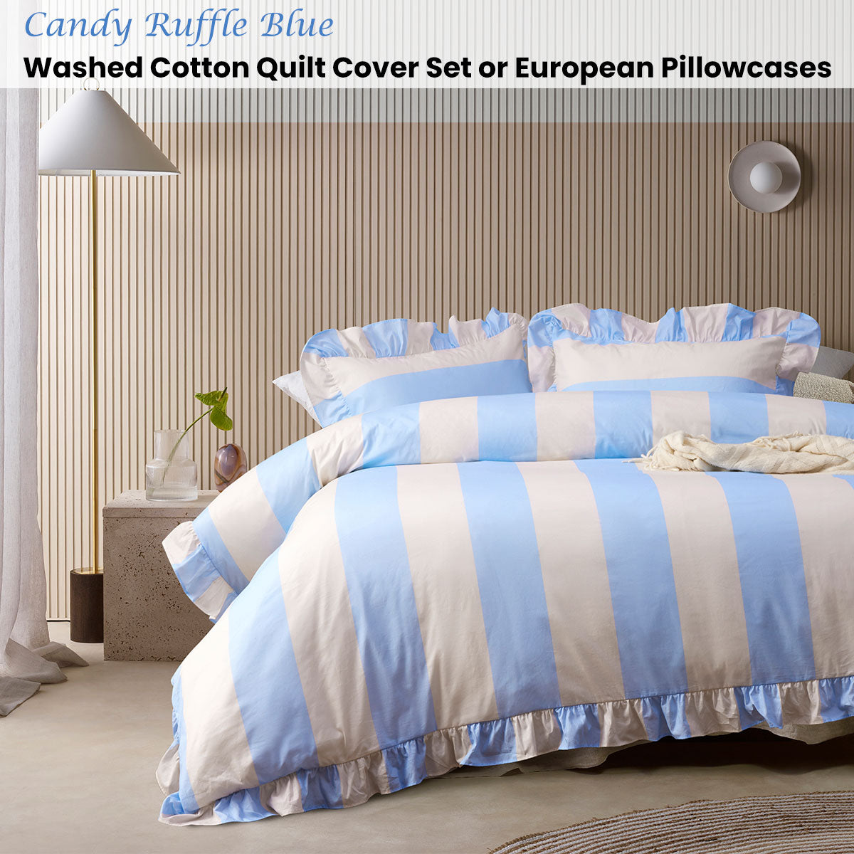 Vintage Design Homewares Candy Ruffle Blue Striped Washed Cotton Quilt Cover Set King V442-HIN-QUILTCS-CANDYRUFFLE-BLUE-KI