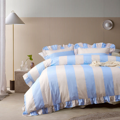 Vintage Design Homewares Candy Ruffle Blue Striped Washed Cotton Quilt Cover Set Queen V442-HIN-QUILTCS-CANDYRUFFLE-BLUE-QS