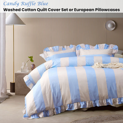 Vintage Design Homewares Candy Ruffle Blue Striped Washed Cotton Quilt Cover Set Queen V442-HIN-QUILTCS-CANDYRUFFLE-BLUE-QS