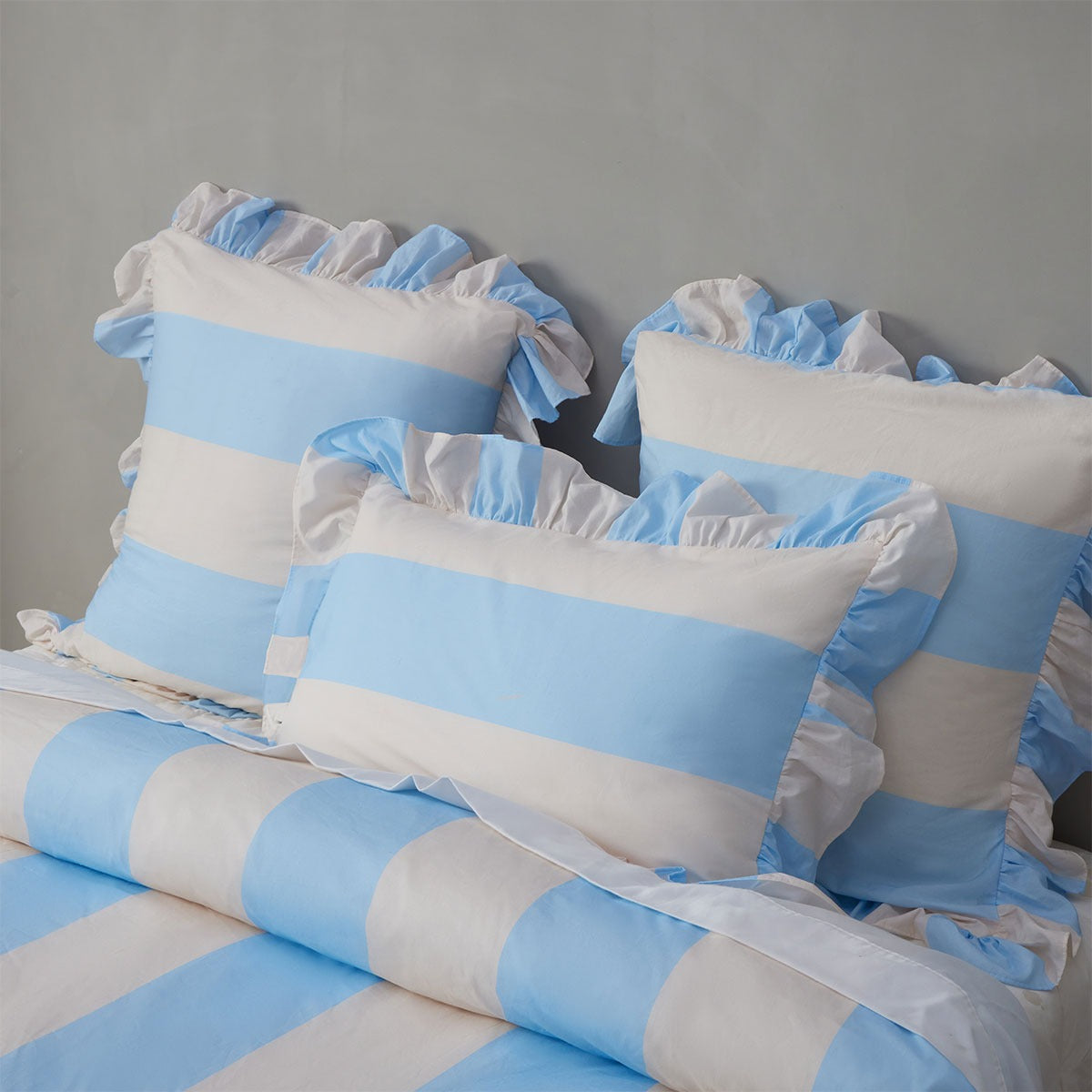 Vintage Design Homewares Candy Ruffle Blue Striped Washed Cotton Quilt Cover Set Queen V442-HIN-QUILTCS-CANDYRUFFLE-BLUE-QS