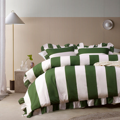 Vintage Design Homewares Candy Ruffle Green Striped Washed Cotton Quilt Cover Set King V442-HIN-QUILTCS-CANDYRUFFLE-GREEN-KI