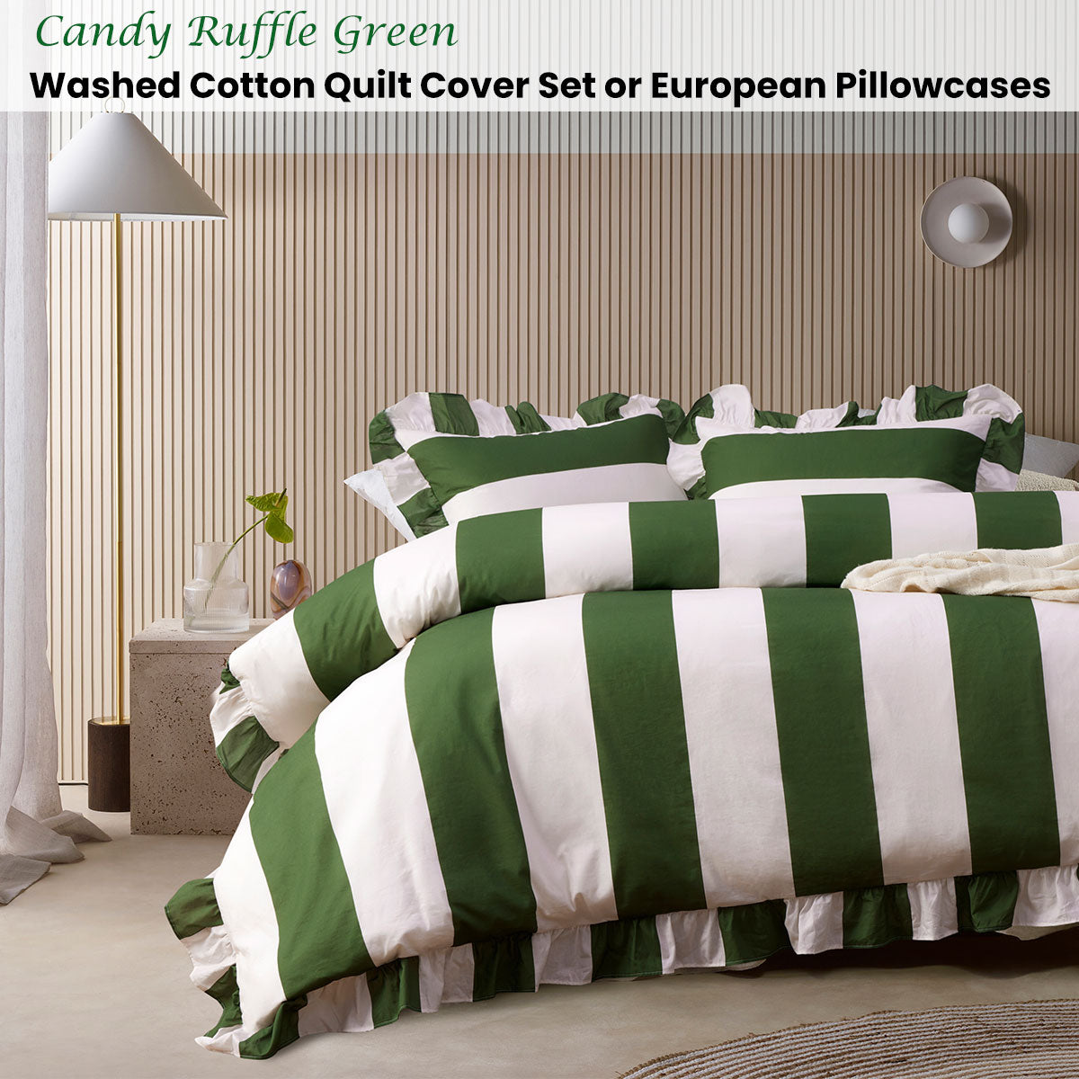 Vintage Design Homewares Candy Ruffle Green Striped Washed Cotton Quilt Cover Set Queen V442-HIN-QUILTCS-CANDYRUFFLE-GREEN-QS
