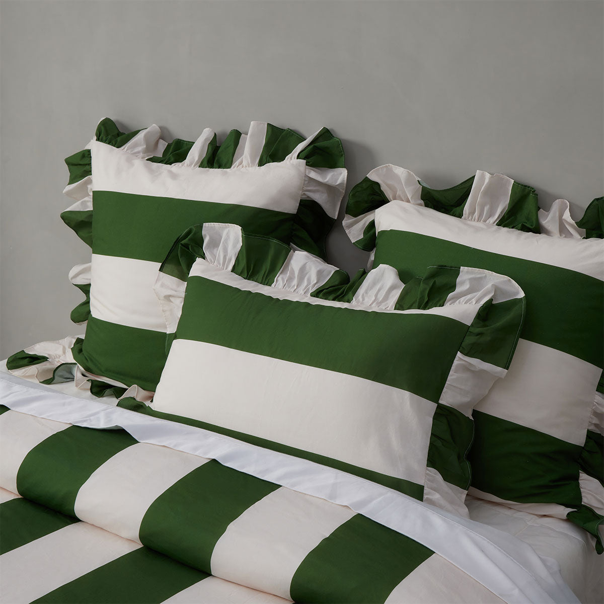Vintage Design Homewares Candy Ruffle Green Striped Washed Cotton Quilt Cover Set Queen V442-HIN-QUILTCS-CANDYRUFFLE-GREEN-QS