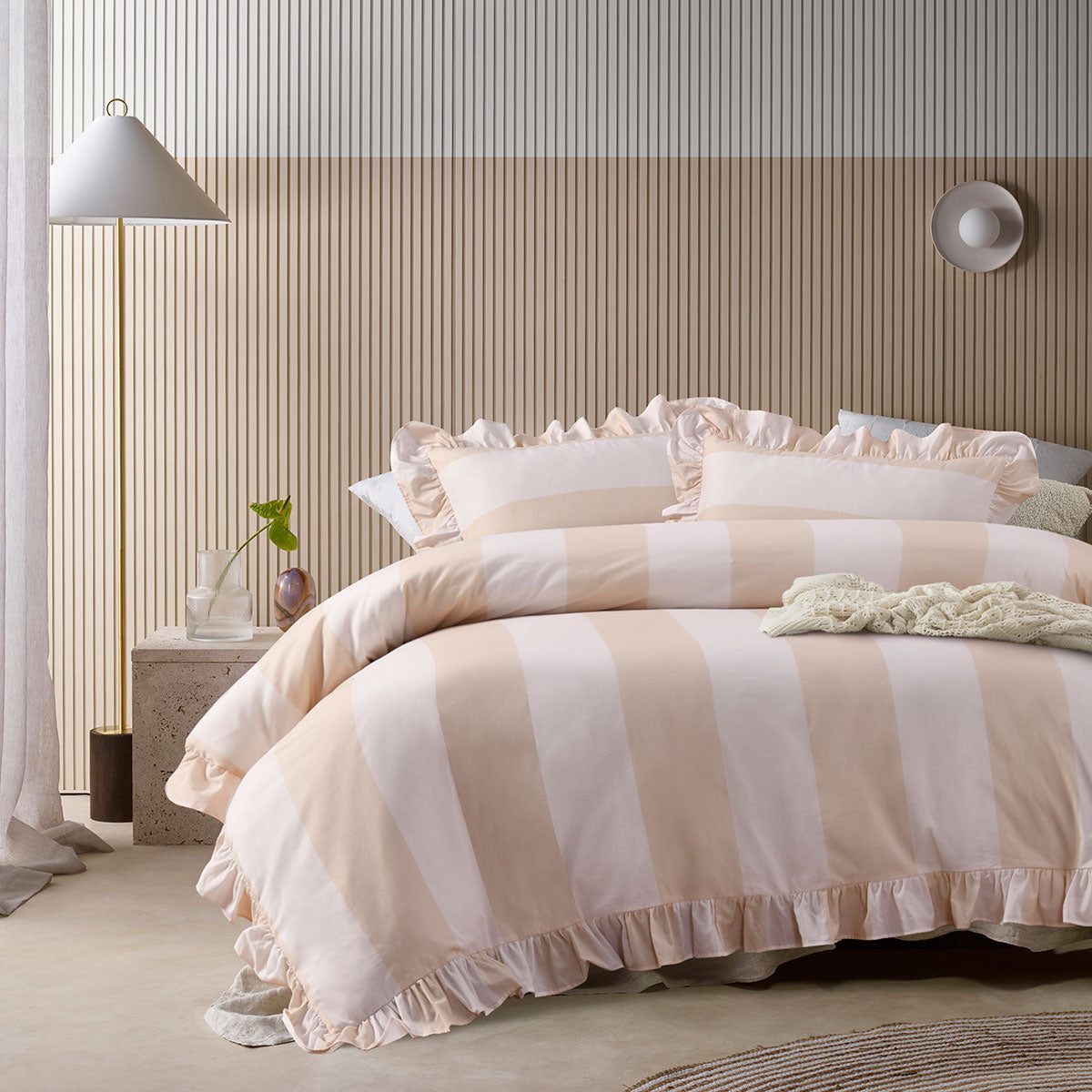 Vintage Design Homewares Candy Ruffle Natural Striped Washed Cotton Quilt Cover SetQueen V442-HIN-QUILTCS-CANDYRUFFLE-NATURAL-QS