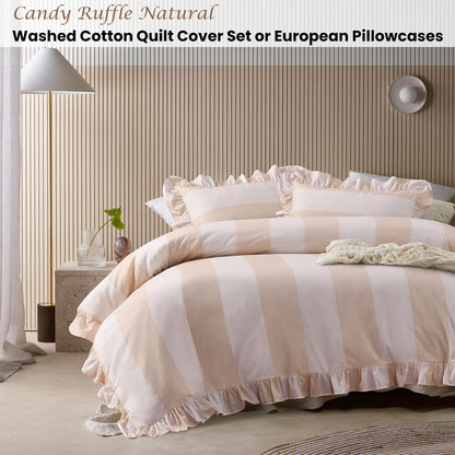 Vintage Design Homewares Candy Ruffle Natural Striped Washed Cotton Quilt Cover SetQueen V442-HIN-QUILTCS-CANDYRUFFLE-NATURAL-QS