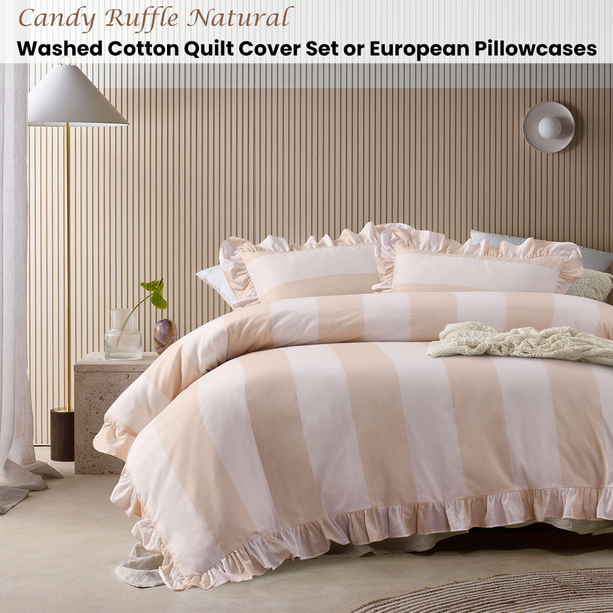 Vintage Design Homewares Candy Ruffle Natural Striped Washed Cotton Quilt Cover SetSuper King V442-HIN-QUILTCS-CANDYRUFFLE-NATURAL-SK
