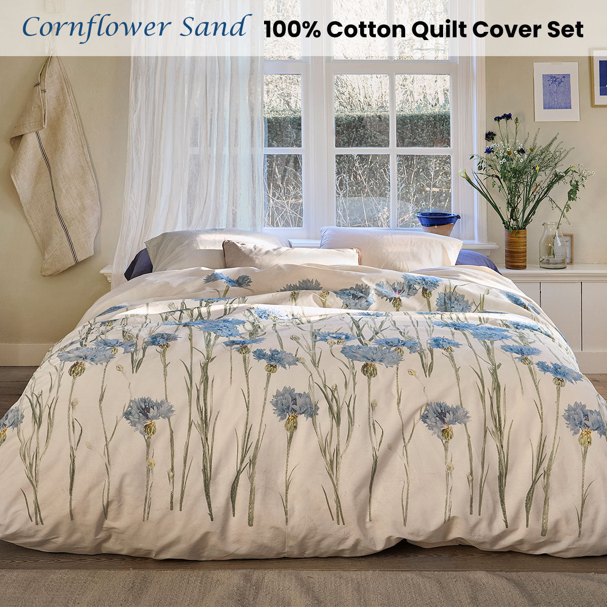 Bedding House Cornflower Sand 100% Cotton Percale Quilt Cover Set Queen V442-HIN-QUILTCS-CORNFLOWER-SAND-QS