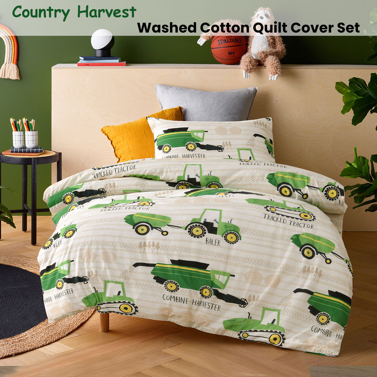 Happy Kids Country Harvest Washed Quilt Cover Set Double V442-HIN-QUILTCS-COUNTRYHARVEST-GREEN-DS
