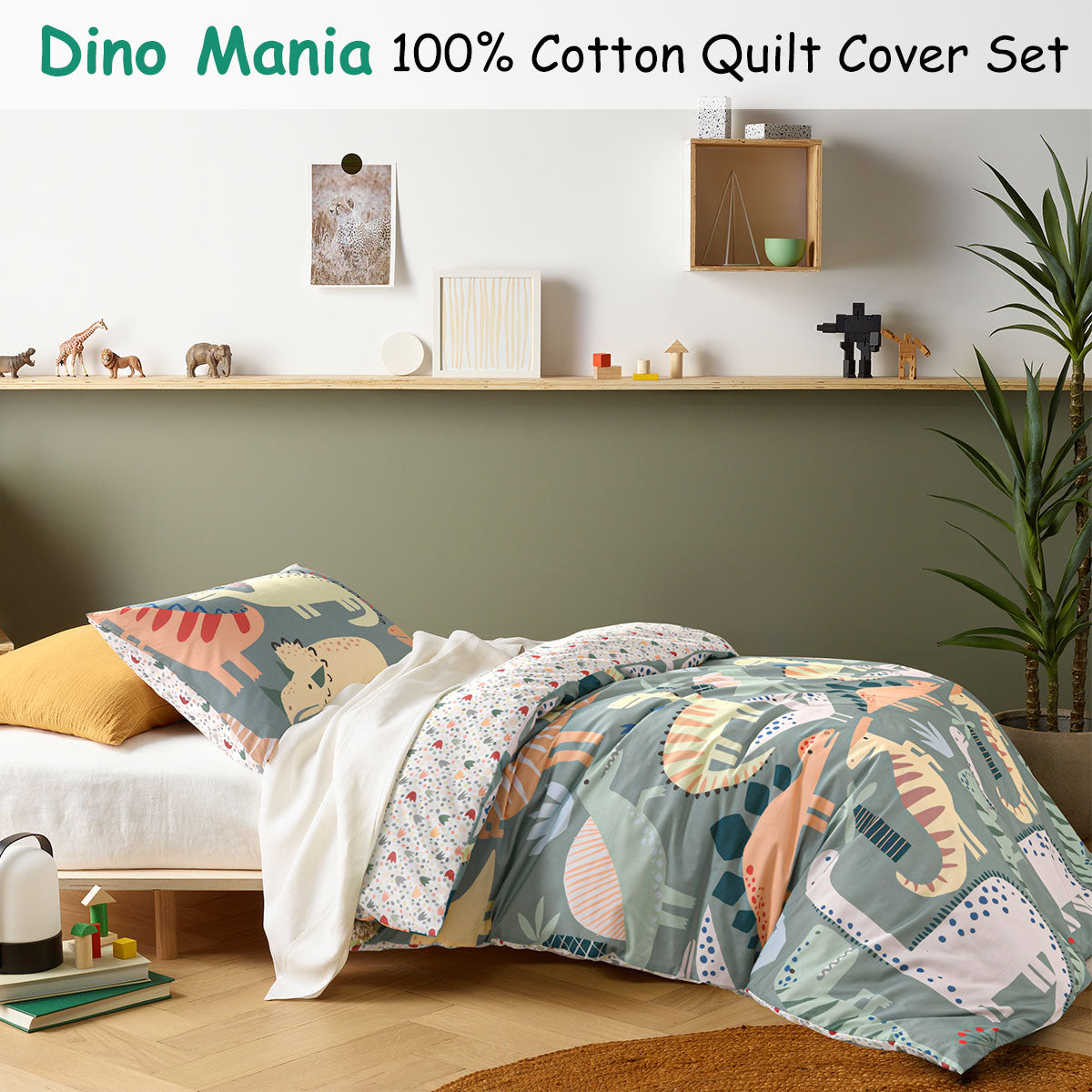 Happy Kids Dino Mania Green Cotton Quilt Cover Set Single V442-HIN-QUILTCS-DINOMANIA-GREEN-SB
