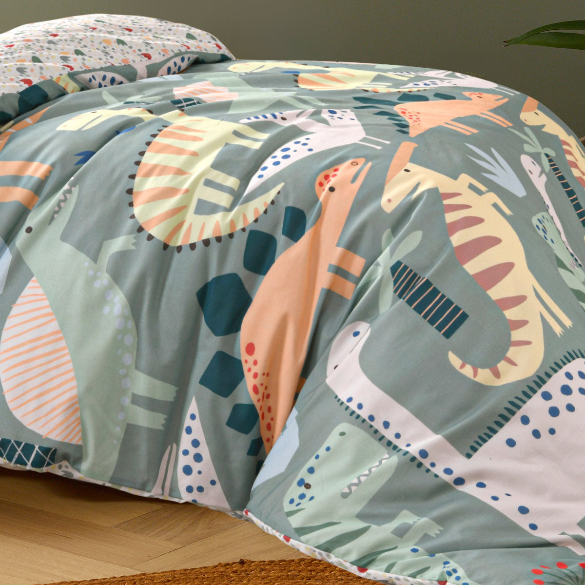 Happy Kids Dino Mania Green Cotton Quilt Cover Set Single V442-HIN-QUILTCS-DINOMANIA-GREEN-SB