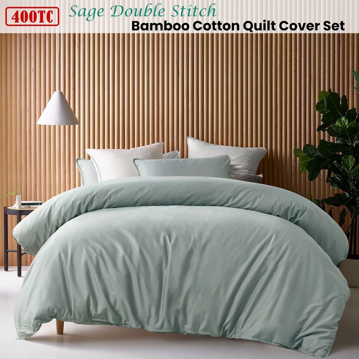 Accessorize 400TC Sage Bamboo Cotton Double Stitch Quilt Cover Set Double V442-HIN-QUILTCS-DOUBLESTITCH-SAGE-DS