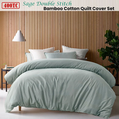 Accessorize 400TC Sage Bamboo Cotton Double Stitch Quilt Cover Set Double V442-HIN-QUILTCS-DOUBLESTITCH-SAGE-DS