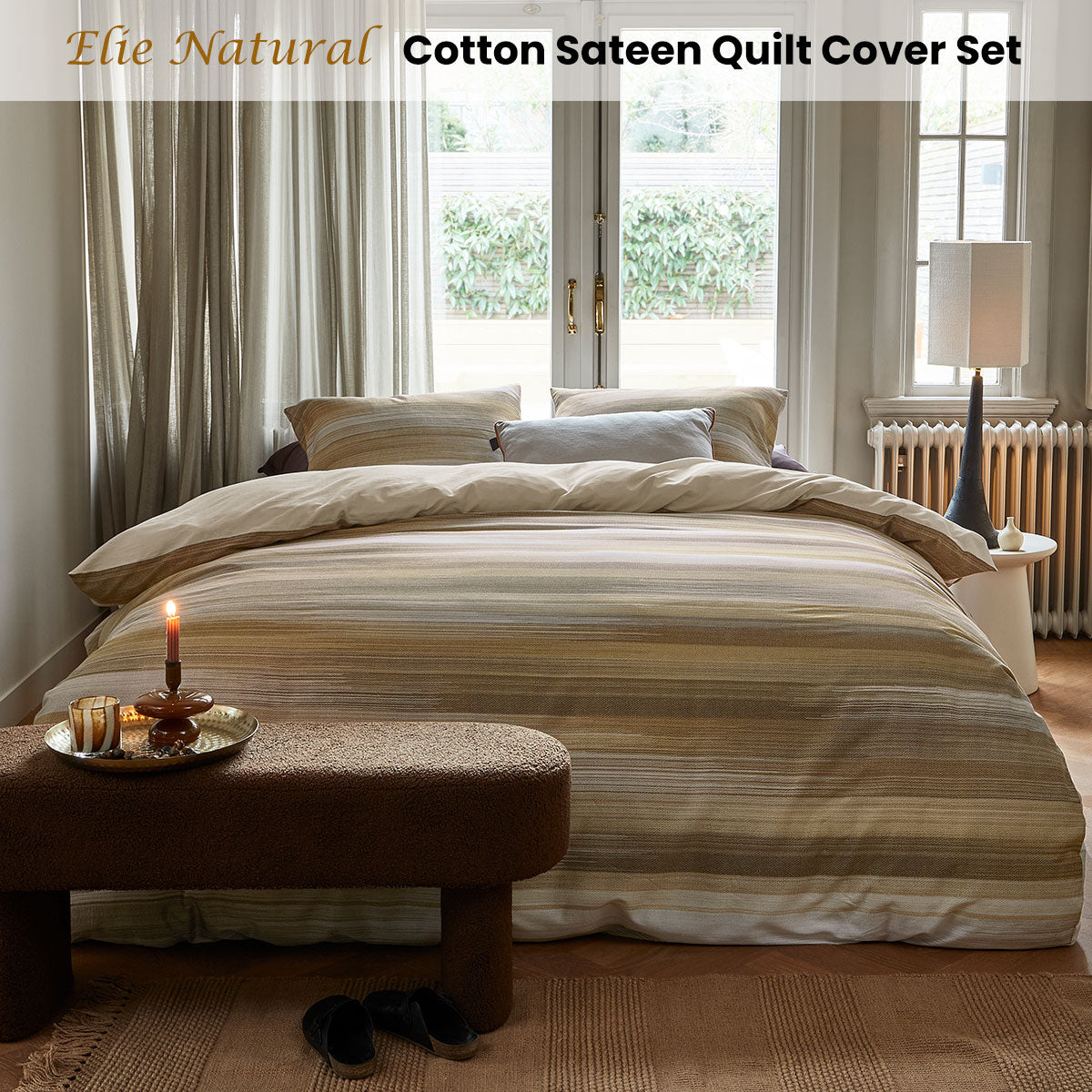 Bedding House Elie Natural Cotton Sateen Quilt Cover Set Queen V442-HIN-QUILTCS-ELIE-NATURAL-QS