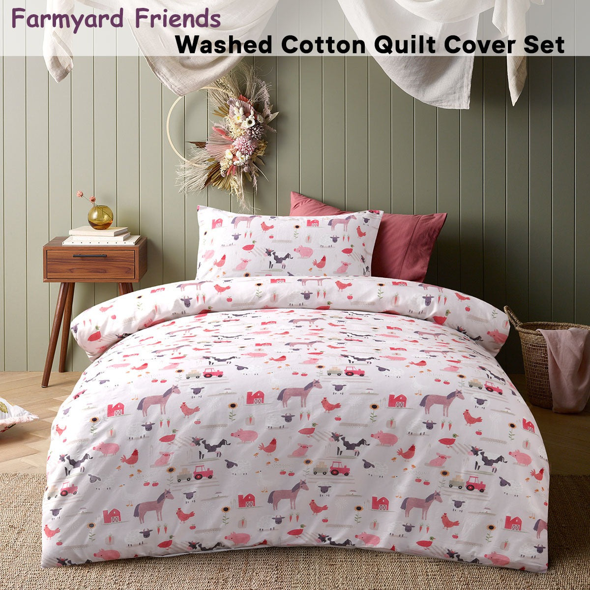 Happy Kids Farmyard Friends Washed Quilt Cover Set Single V442-HIN-QUILTCS-FARMYARDFRIENDS-PINK-SB