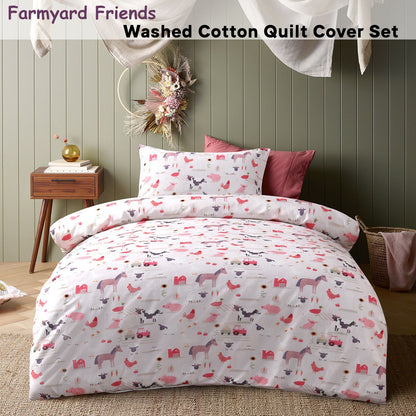 Happy Kids Farmyard Friends Washed Quilt Cover Set Single V442-HIN-QUILTCS-FARMYARDFRIENDS-PINK-SB
