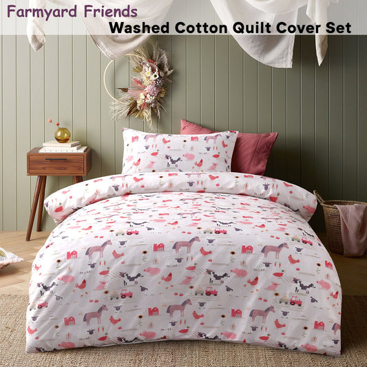 Happy Kids Farmyard Friends Washed Quilt Cover Set Single V442-HIN-QUILTCS-FARMYARDFRIENDS-PINK-SB