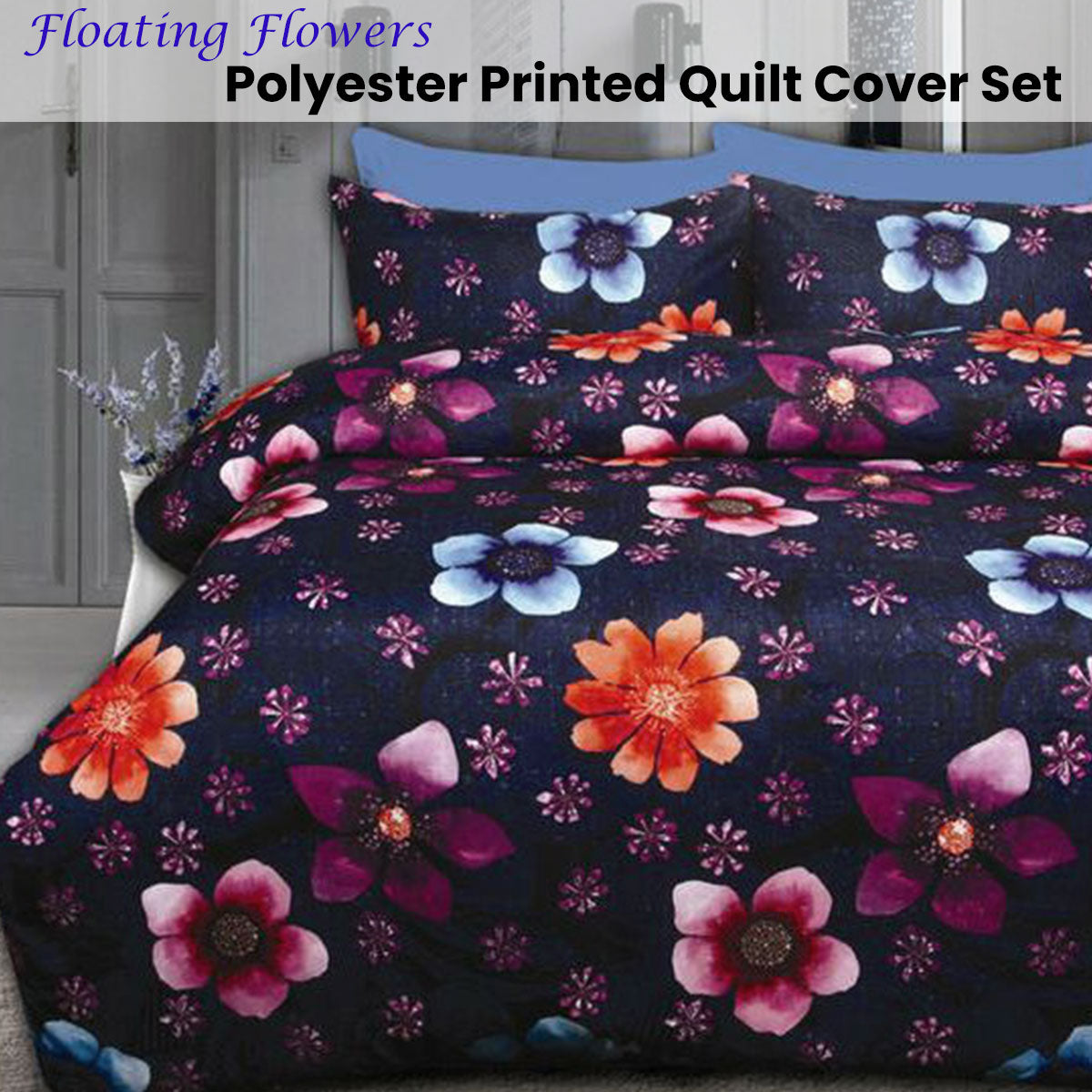 Big Sleep Floating Flowers Quilt Cover Set Single V442-HIN-QUILTCS-FLOATINGFLOWERS-NAVY-SB