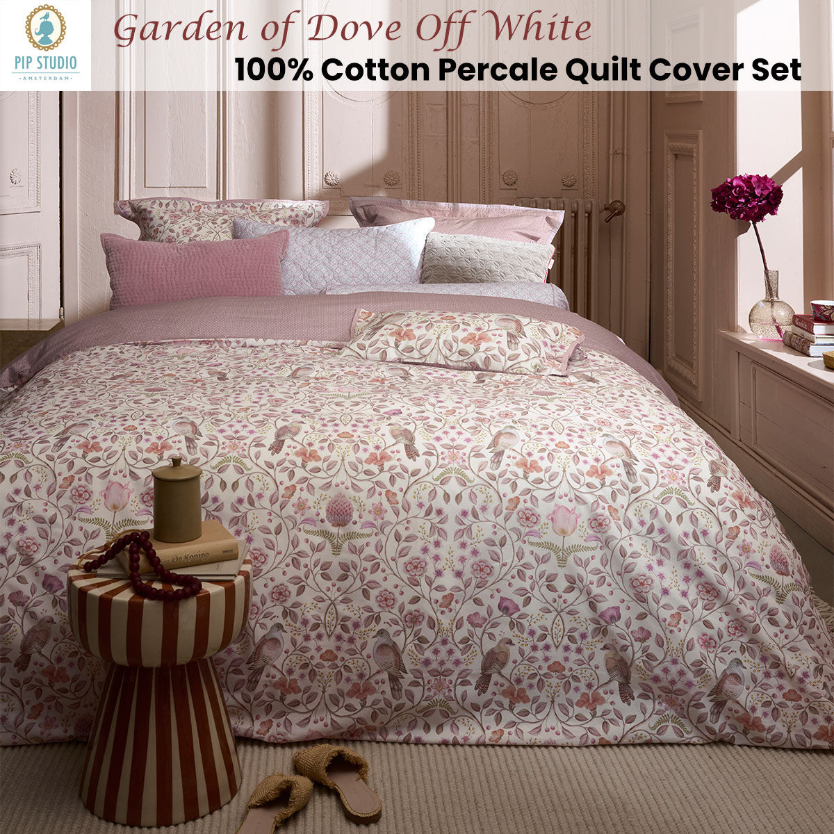 PIP Studio Garden of Dove Off White Cotton Quilt Cover Set Super King V442-HIN-QUILTCS-GARDENOFDOVE-OFFWHITE-SK