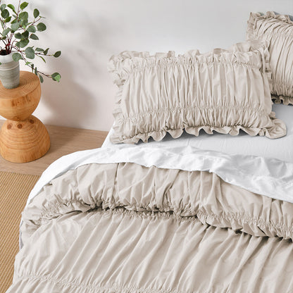 Vintage Design Homewares Haven Natural Washed Cotton Ruched Quilt Cover Set Double V442-HIN-QUILTCS-HAVEN-NATURAL-DS