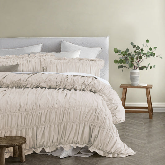 Vintage Design Homewares Haven Natural Washed Cotton Ruched Quilt Cover Set Single V442-HIN-QUILTCS-HAVEN-NATURAL-SB