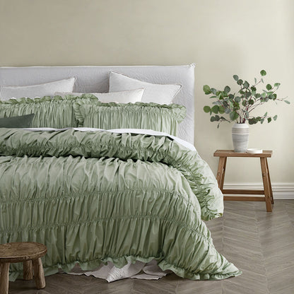 Vintage Design Homewares Haven Sage Washed Cotton Ruched Quilt Cover Set Double V442-HIN-QUILTCS-HAVEN-SAGE-DS