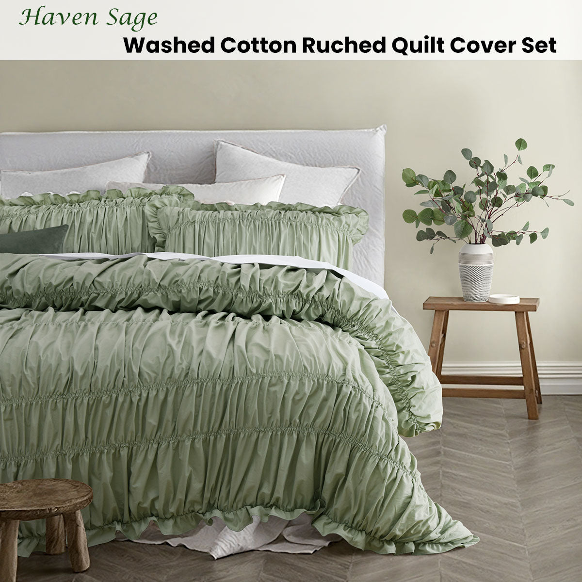 Vintage Design Homewares Haven Sage Washed Cotton Ruched Quilt Cover Set Double V442-HIN-QUILTCS-HAVEN-SAGE-DS