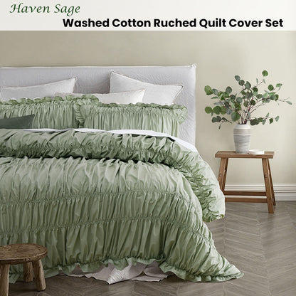 Vintage Design Homewares Haven Sage Washed Cotton Ruched Quilt Cover Set Double V442-HIN-QUILTCS-HAVEN-SAGE-DS