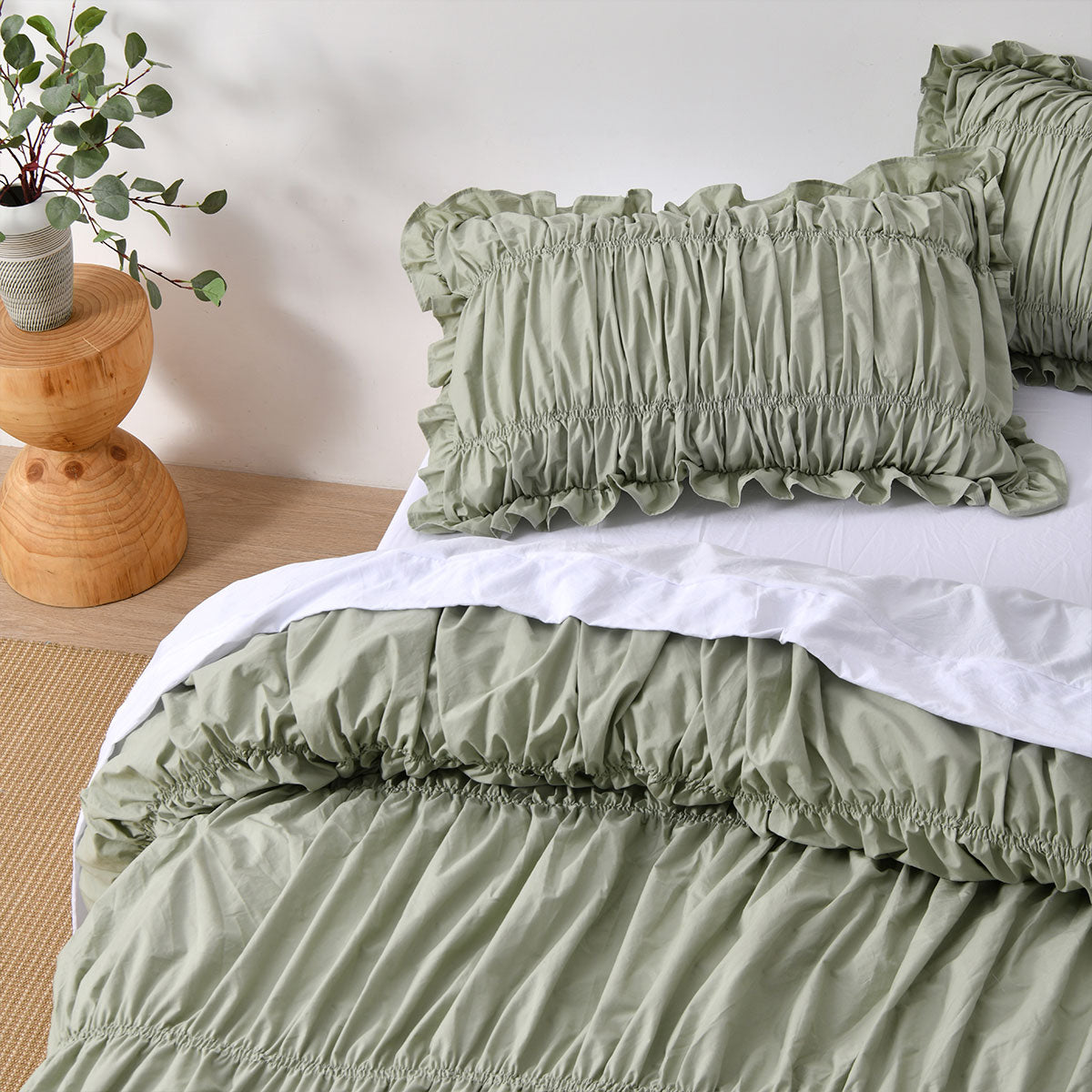 Vintage Design Homewares Haven Sage Washed Cotton Ruched Quilt Cover Set Double V442-HIN-QUILTCS-HAVEN-SAGE-DS