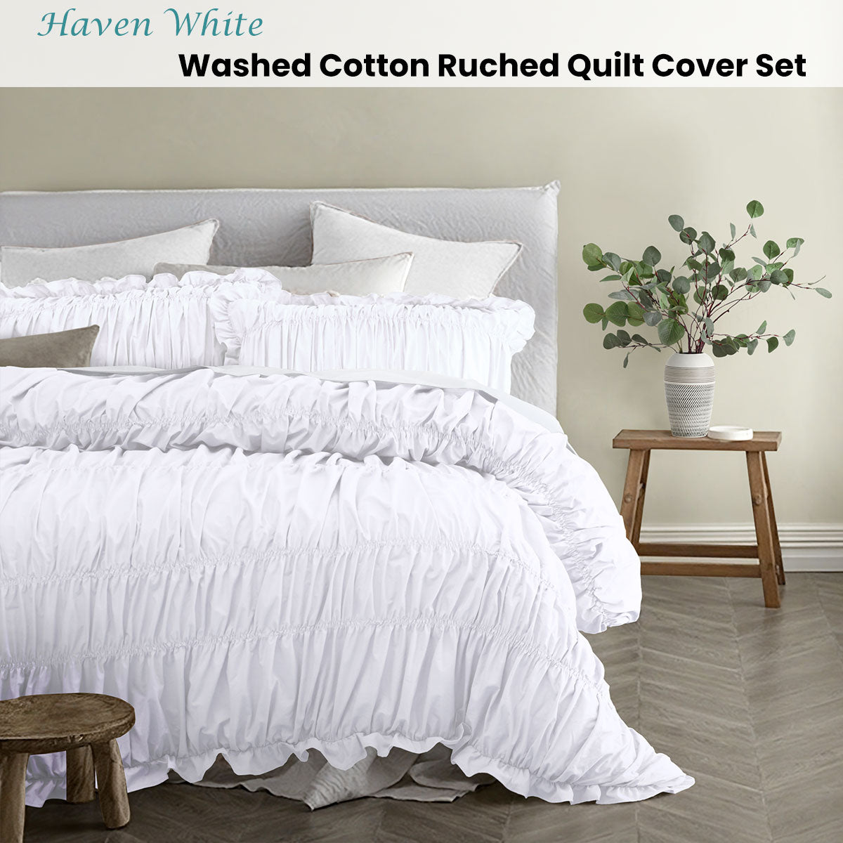 Vintage Design Homewares Haven White Washed Cotton Ruched Quilt Cover Set Double V442-HIN-QUILTCS-HAVEN-WHITE-DS