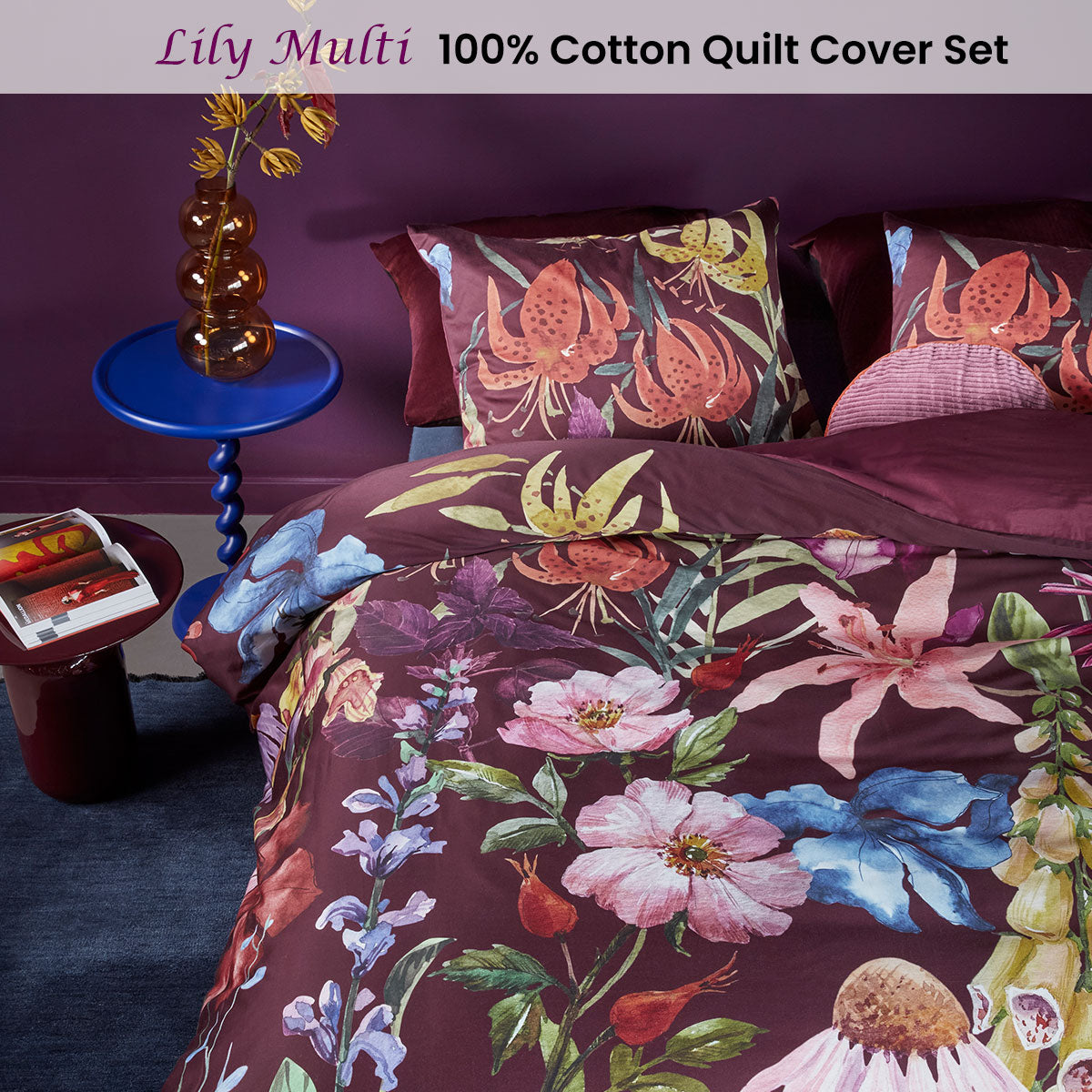 Bedding House Lily Multi Cotton Floral Quilt Cover Set Queen V442-HIN-QUILTCS-LILY-MULTI-QS