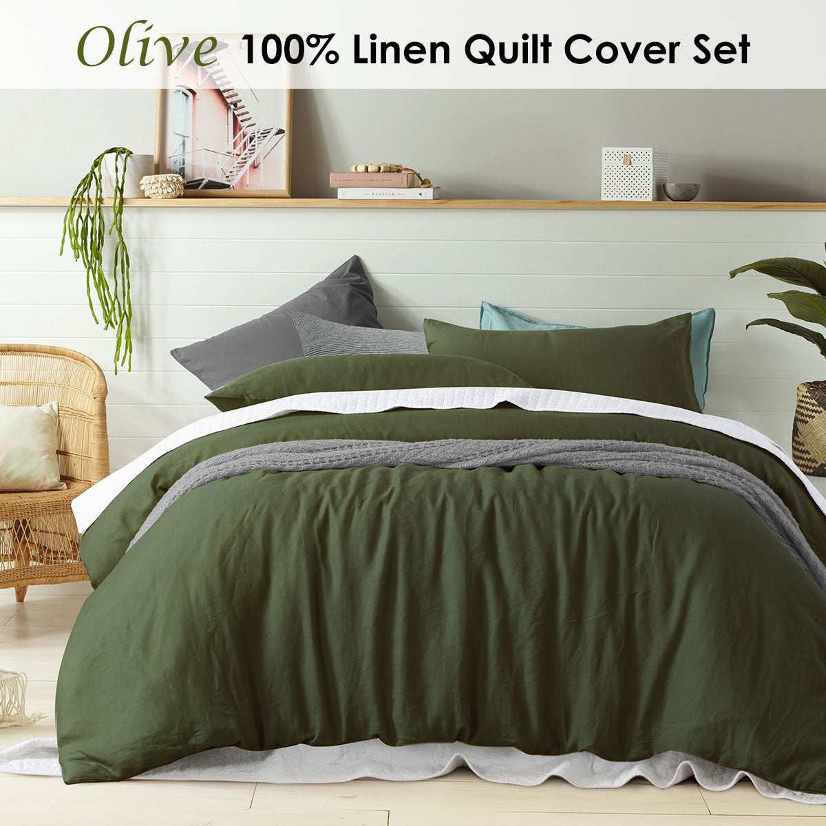 100% Linen Olive Quilt Cover Set Super King V442-HIN-QUILTCS-LINEN-OLIVE-SK
