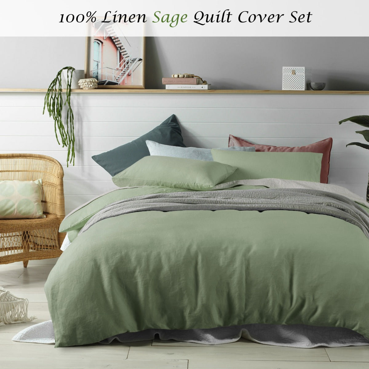 Accessorize 100% Linen Sage Quilt Cover Set King V442-HIN-QUILTCS-LINEN-SAGE-KI